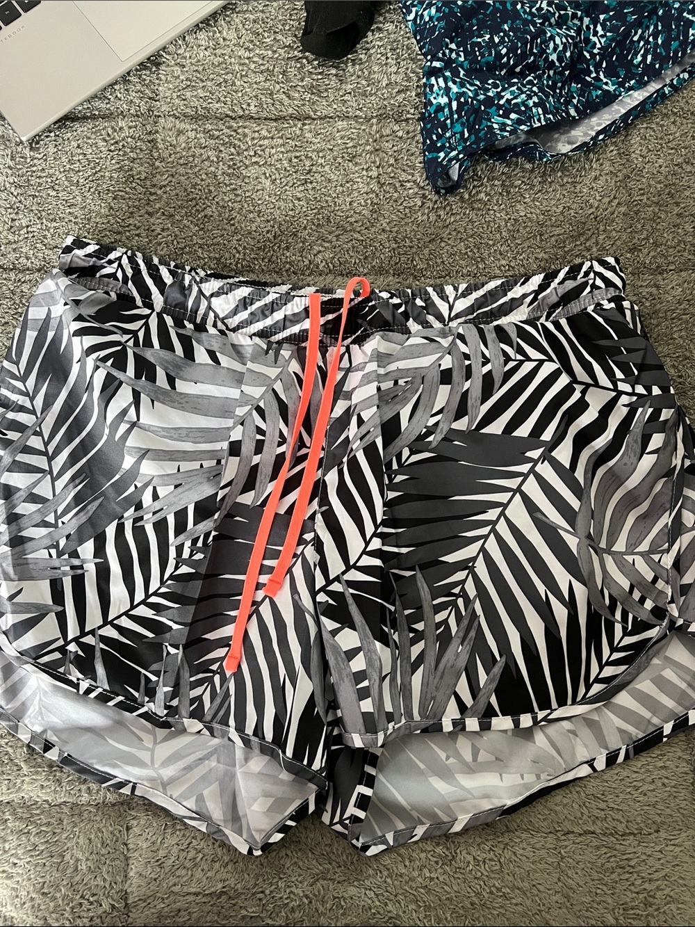 Women's Old Navy Black & White Palm Print Athletic Shorts with Coral Drawstring